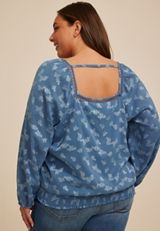 Plus Size Blue Jacquard Floral Lace Trim Blouse, C7902, small