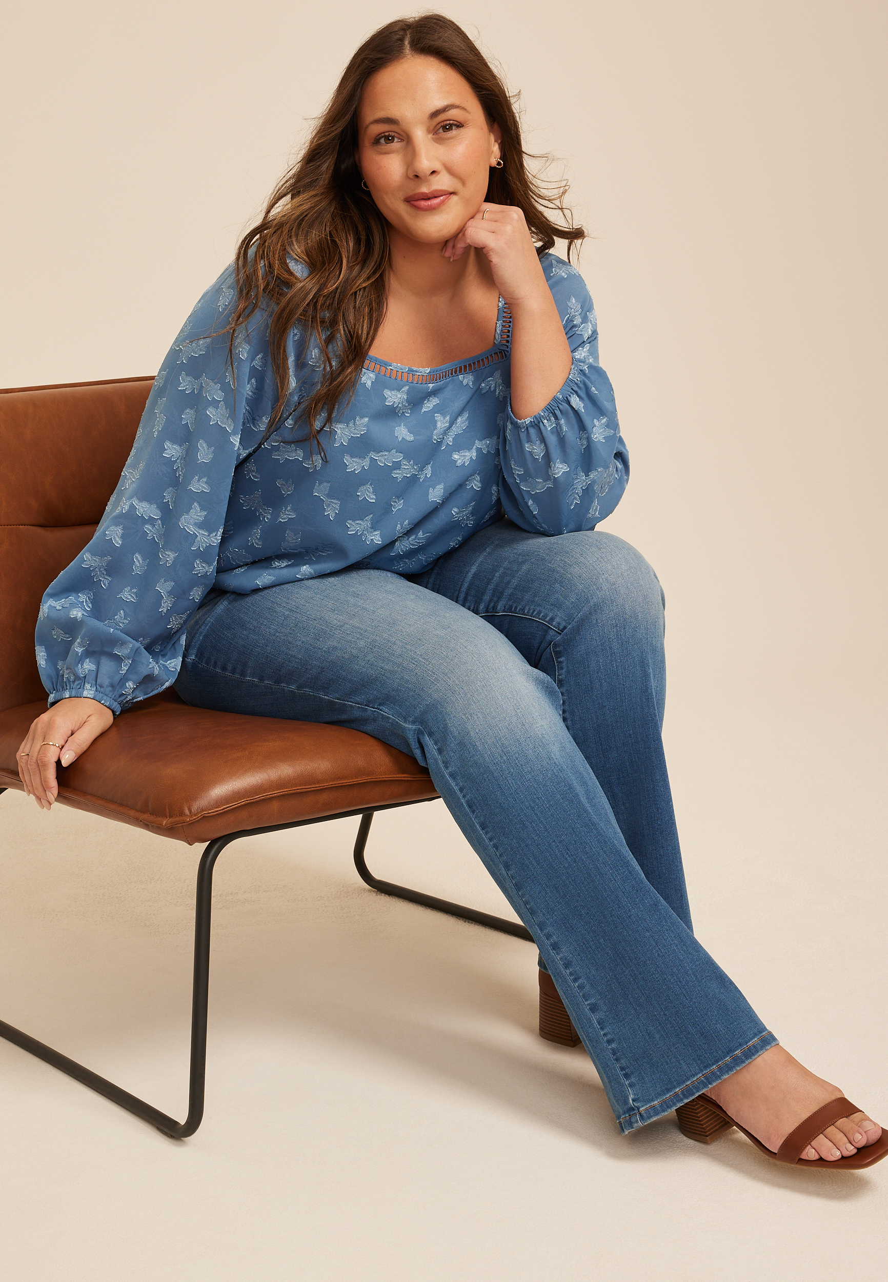 Plus Size Blue Jacquard Floral Lace Trim Blouse, C7902, large