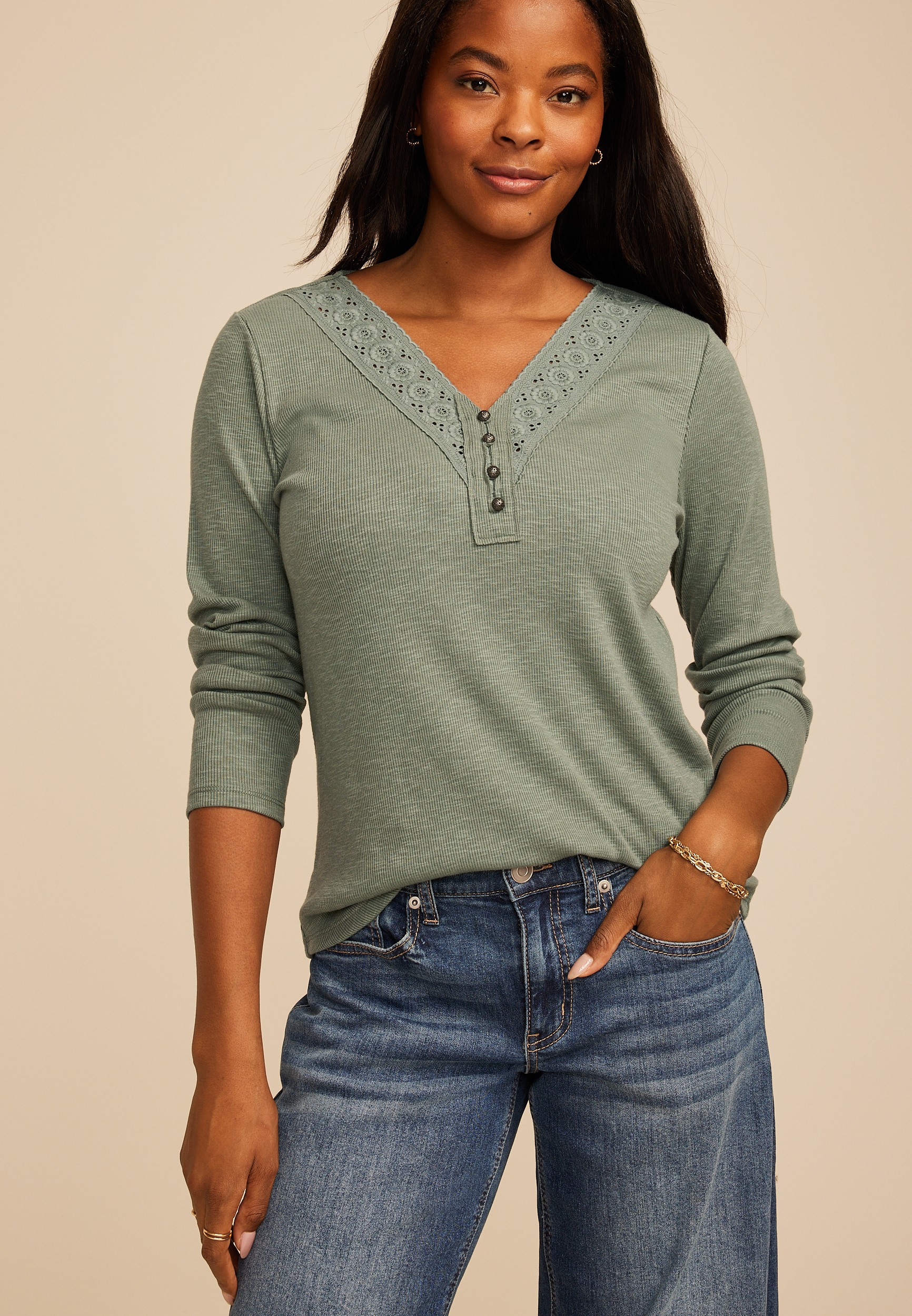 Crochet Yoke Henley Long Sleeve Top
