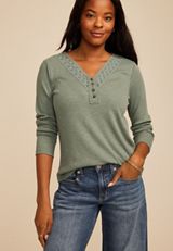 Crochet Yoke Henley Long Sleeve Top, SAGE FOG, small