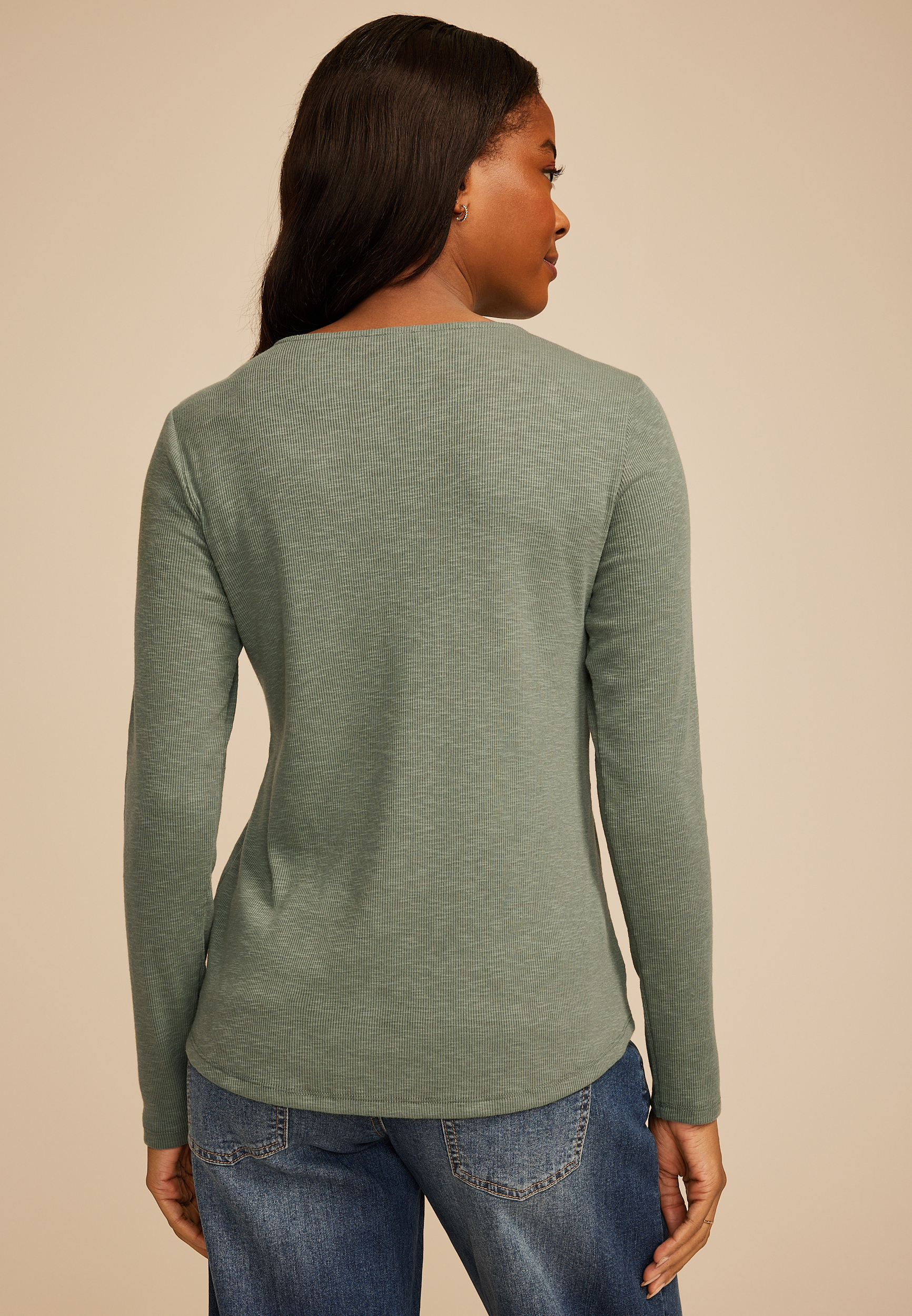 Crochet Yoke Henley Long Sleeve Top, SAGE FOG, large