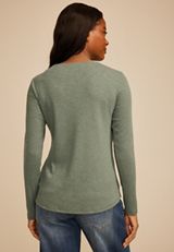 Crochet Yoke Henley Long Sleeve Top, SAGE FOG, small