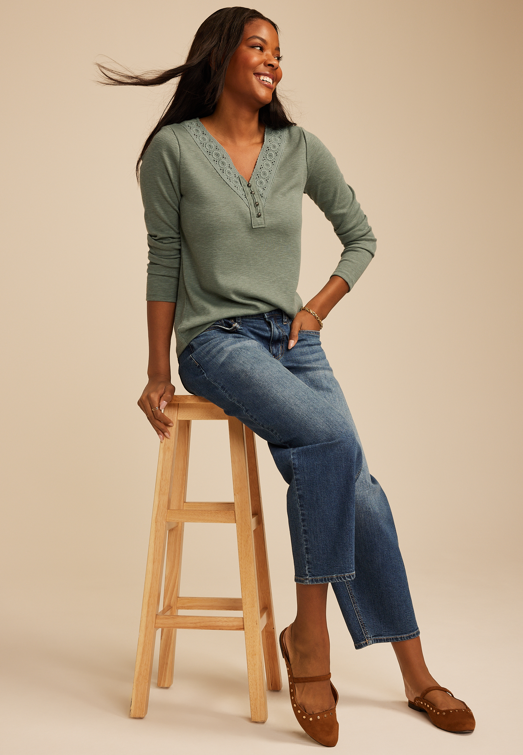 Crochet Yoke Henley Long Sleeve Top, SAGE FOG, large