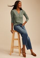 Crochet Yoke Henley Long Sleeve Top, SAGE FOG, small