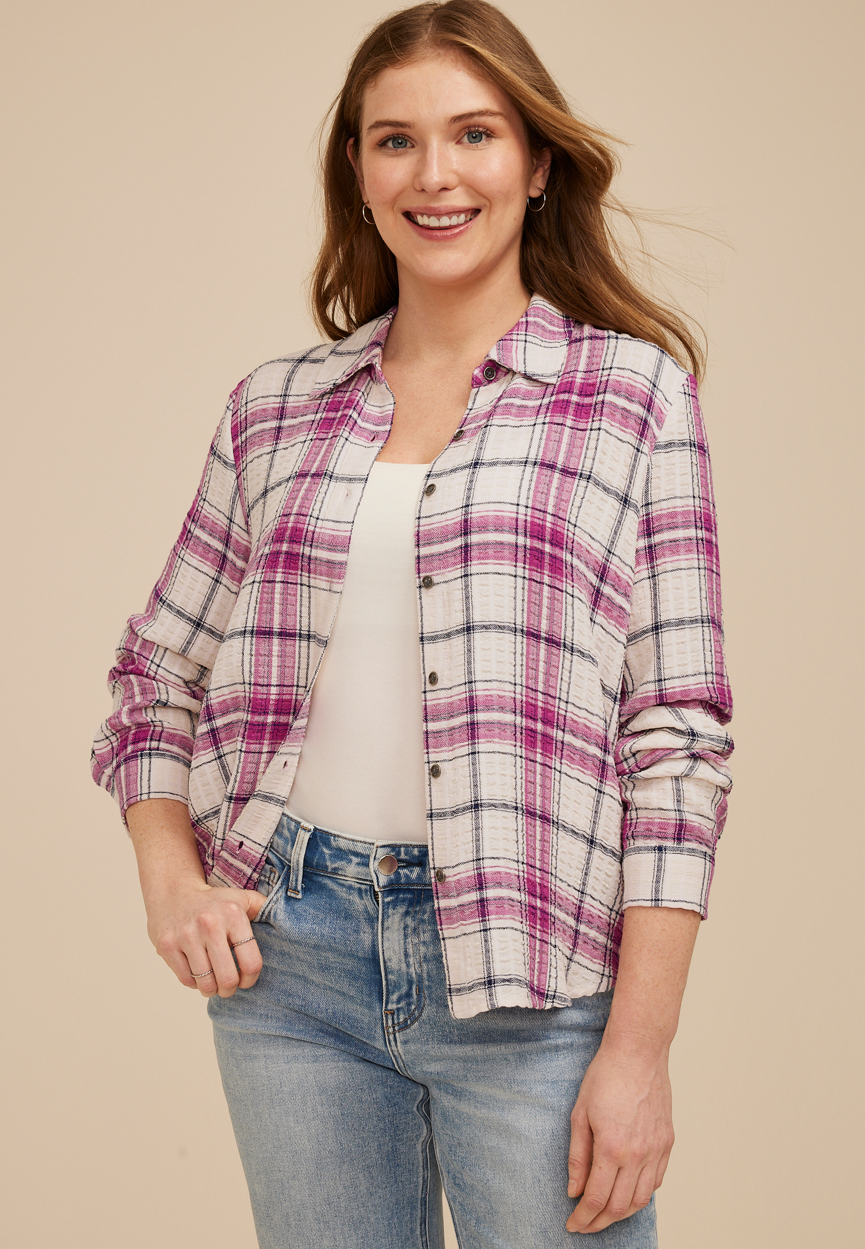 Pucker Plaid Lace Back Button Down Shirt