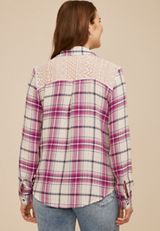 Pucker Plaid Lace Back Button Down Shirt, C8106, small