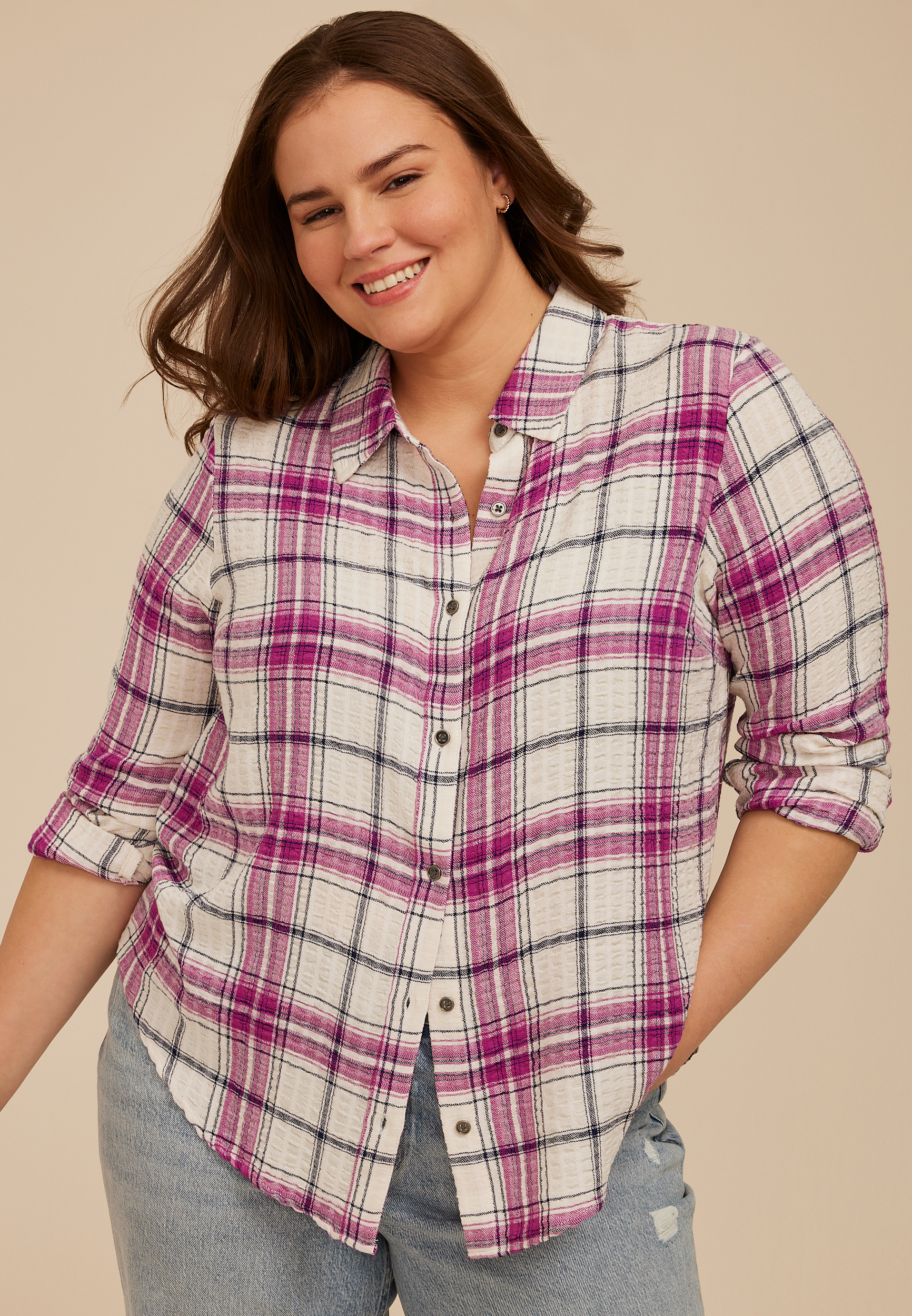 Pucker Plaid Lace Back Button Down Shirt