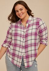 Plus Size Pucker Plaid Lace Back Button Down Shirt, C8106, small