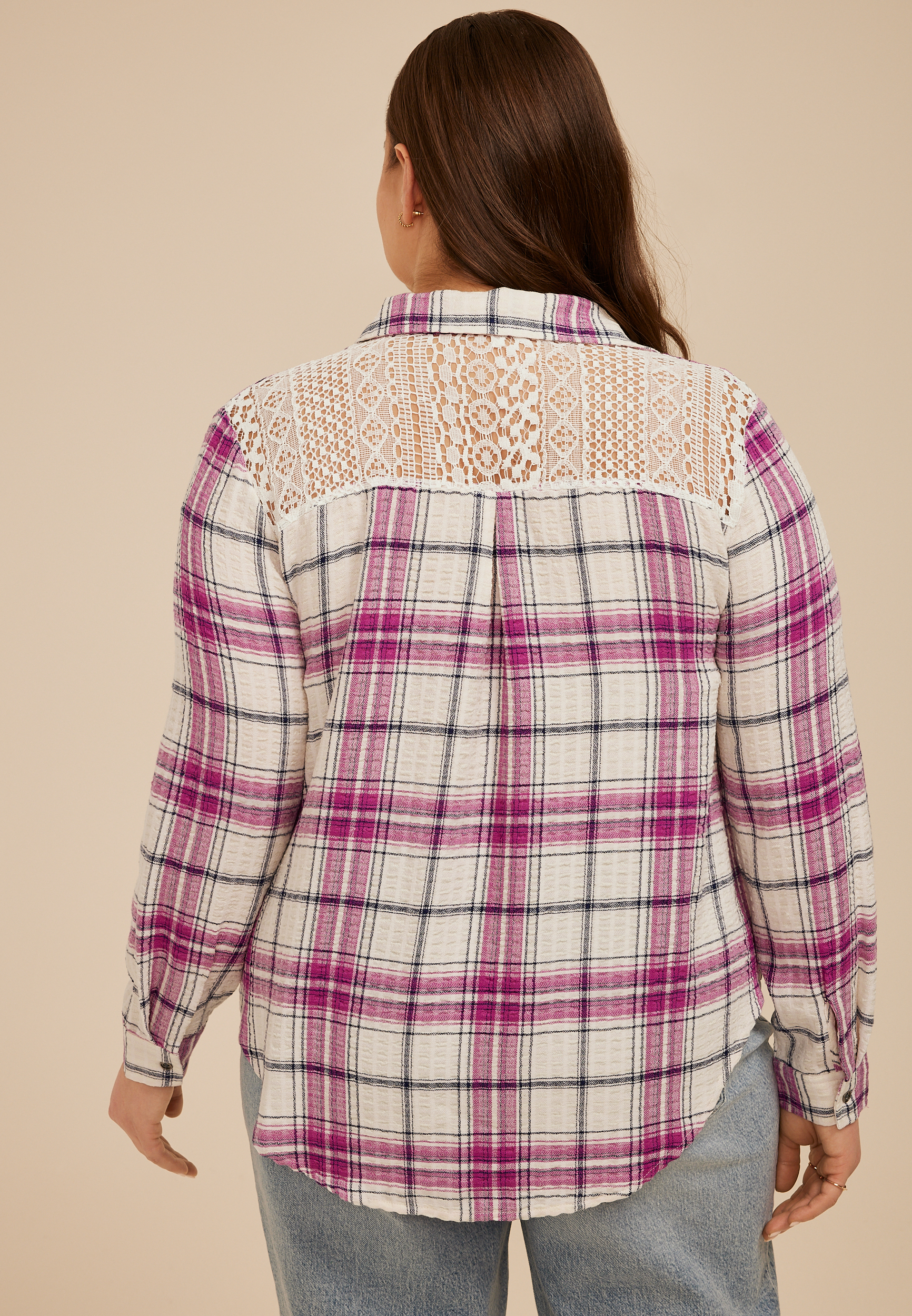 Plus Size Pucker Plaid Lace Back Button Down Shirt, C8106, large