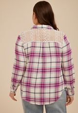 Plus Size Pucker Plaid Lace Back Button Down Shirt, C8106, small