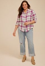 Plus Size Pucker Plaid Lace Back Button Down Shirt, C8106, small