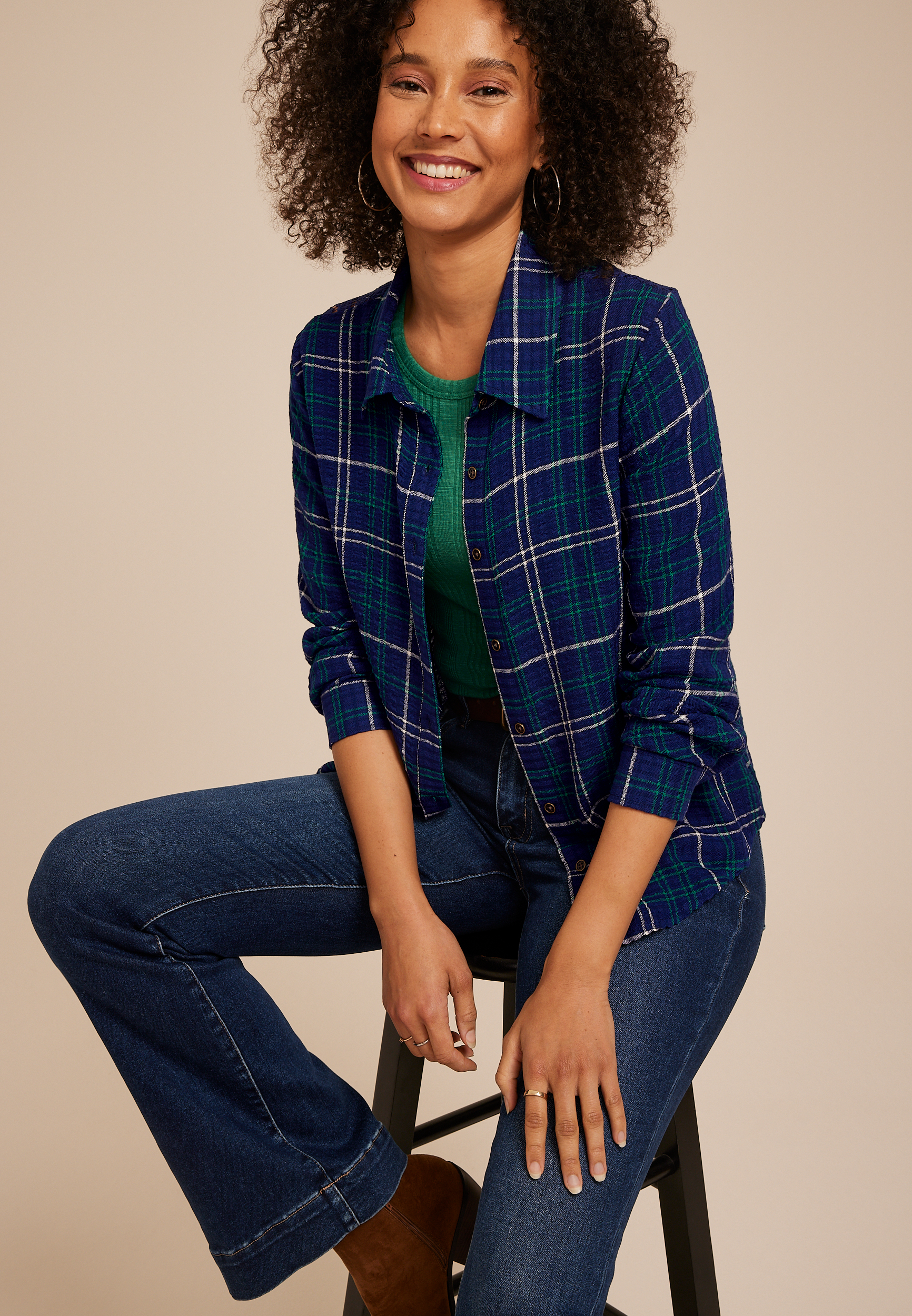 Plaid Crochet Back Button Front Shirt