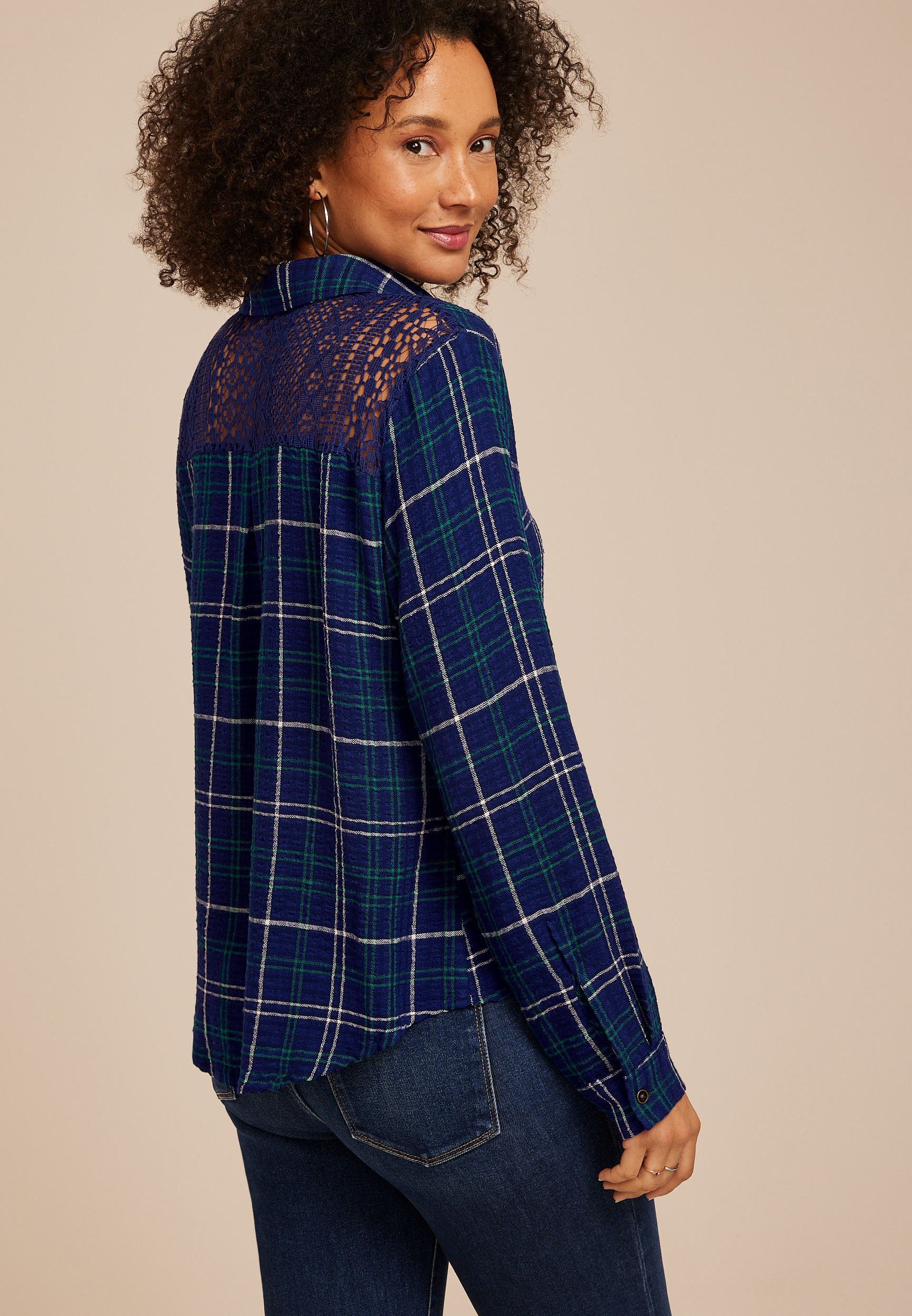 Plaid Crochet Back Button Front Shirt, C3942, large