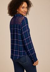 Plaid Crochet Back Button Front Shirt, C3942, small
