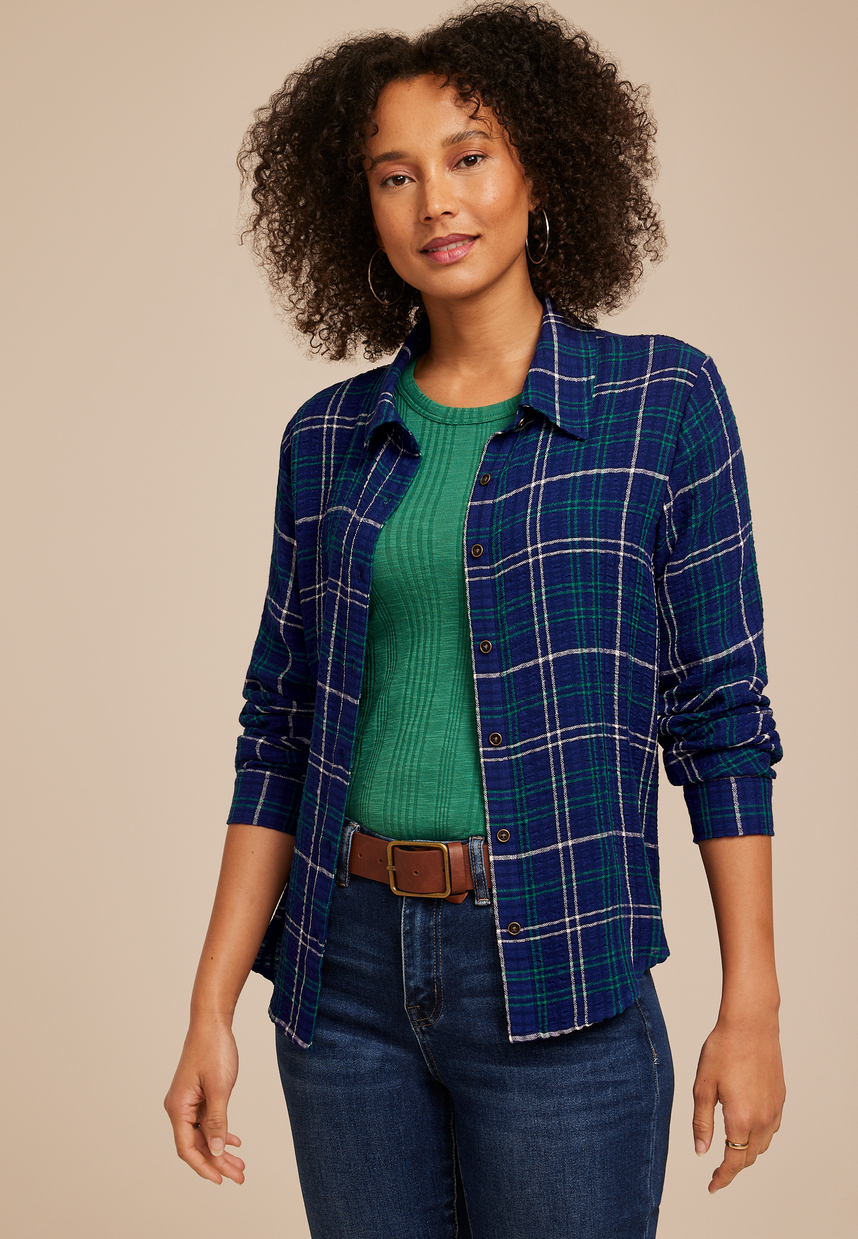 Plaid Crochet Back Button Front Shirt, C3942, large