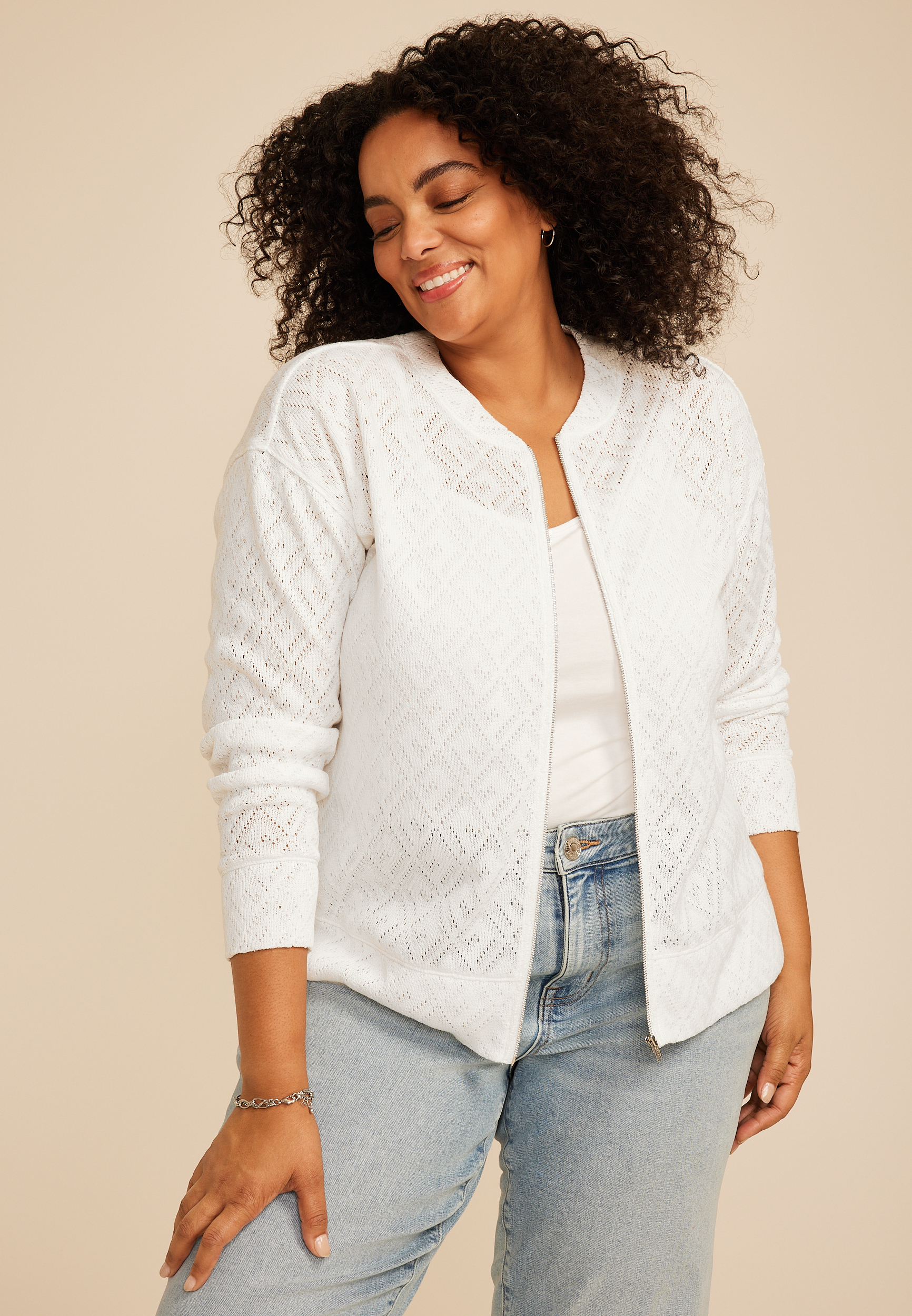 Plus Size Diamond Pointelle Knit Zip Front Cardigan