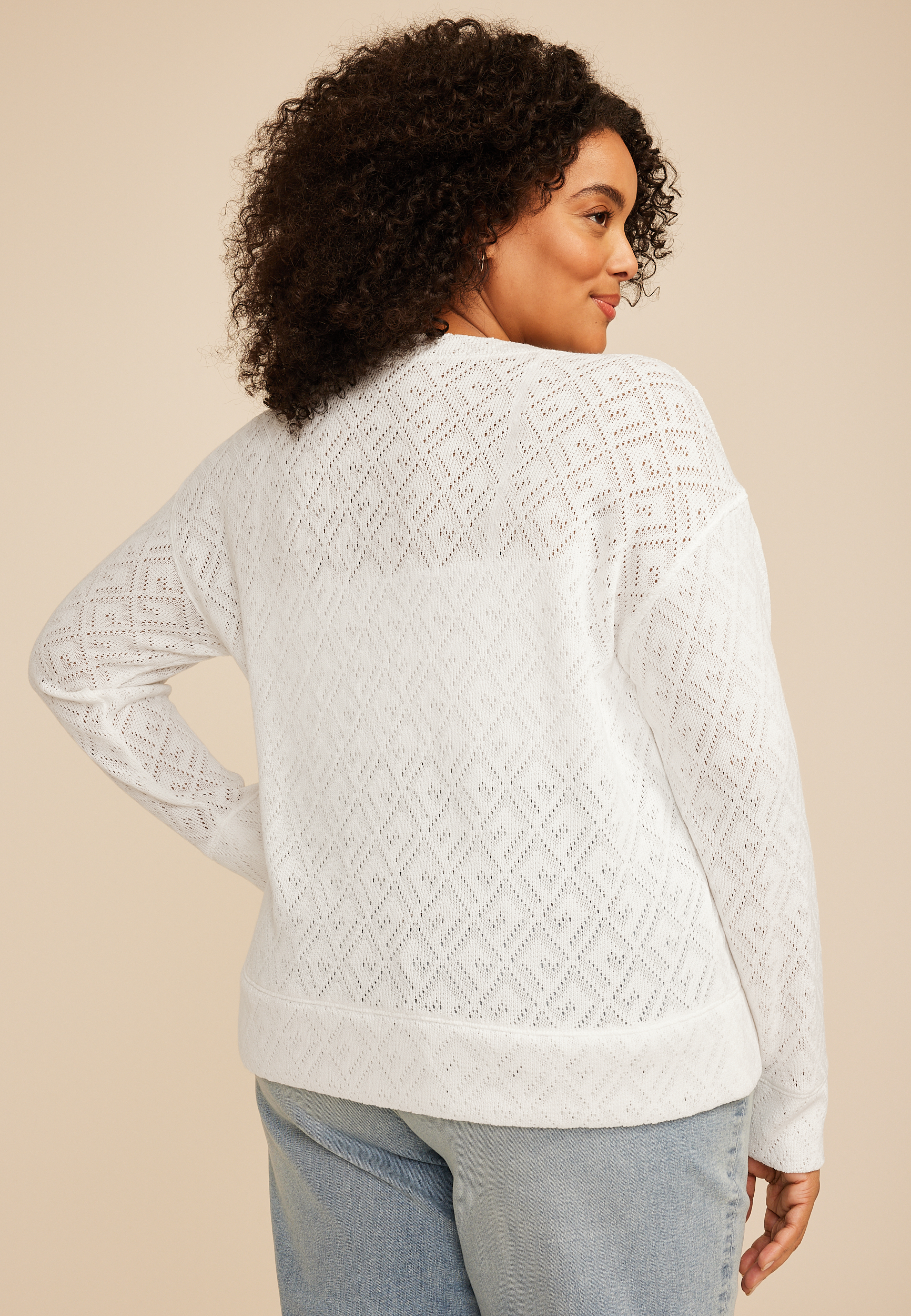 Plus Size Diamond Pointelle Knit Zip Front Cardigan, C9298, large