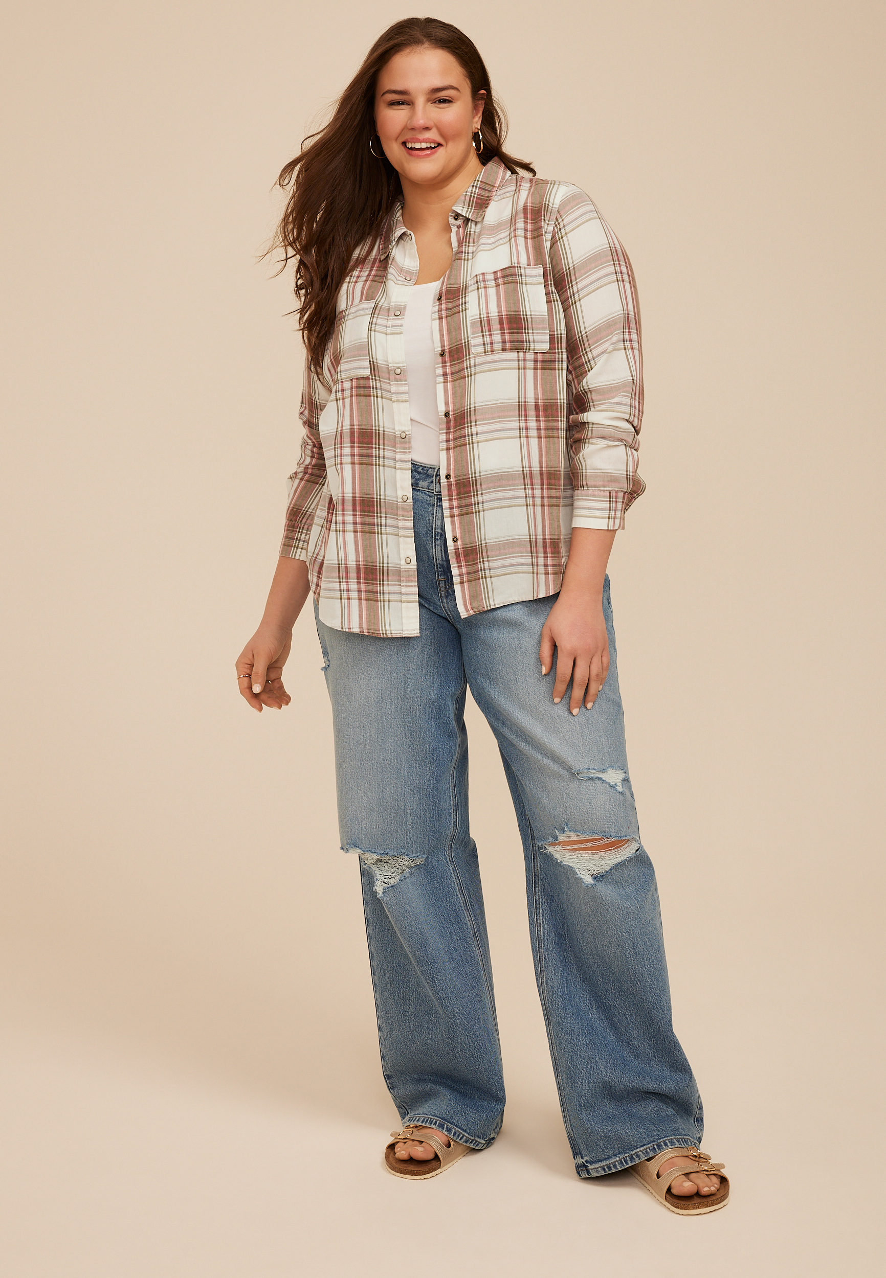 Plus Size Washed Plaid Button Down Shirt