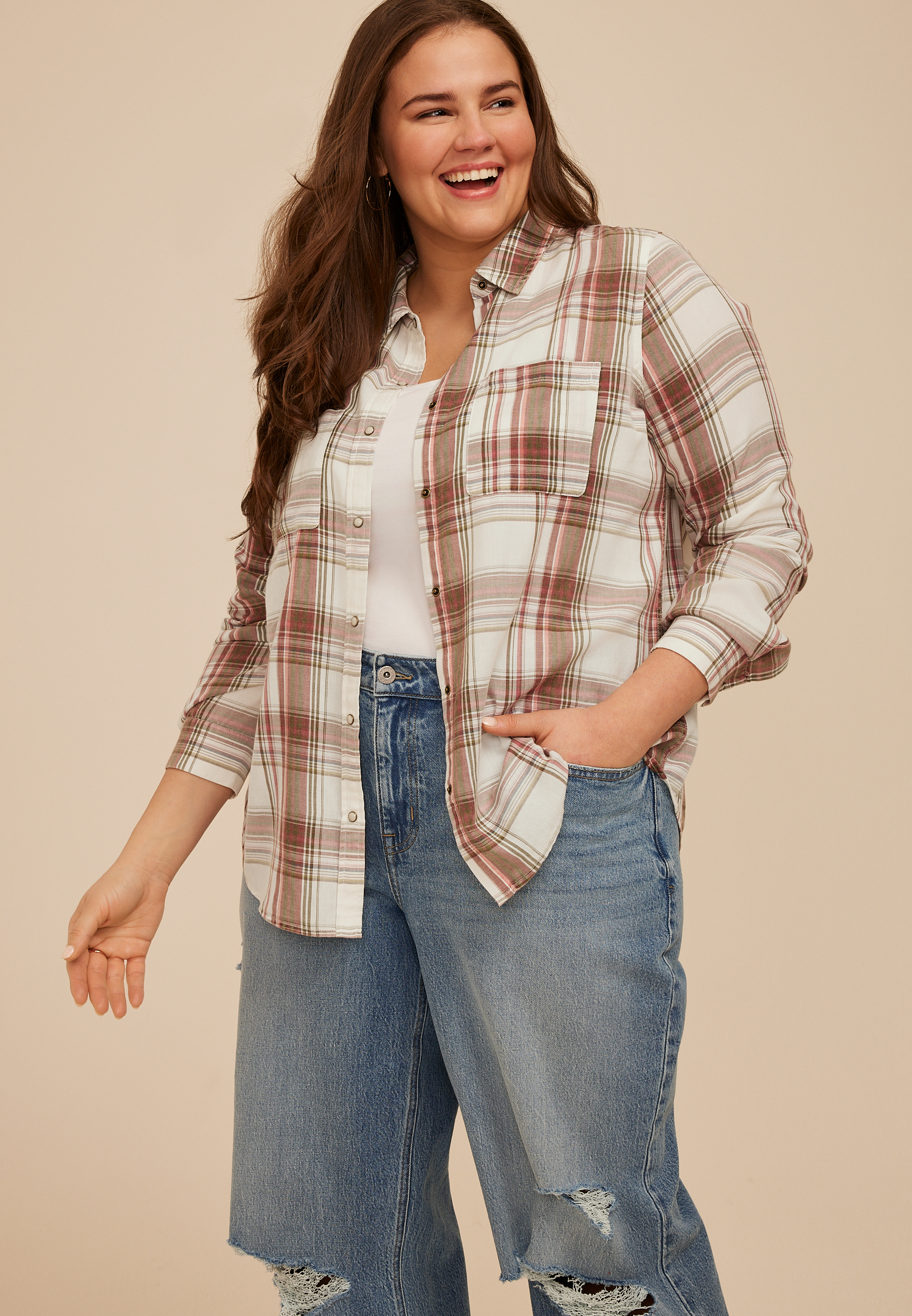Plus Size Washed Plaid Button Down Shirt, C1524, large