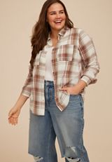 Plus Size Washed Plaid Button Down Shirt, C1524, small
