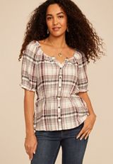 Plaid Button Front Peasant Blouse, MULTI, small