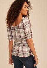 Plaid Button Front Peasant Blouse, MULTI, small