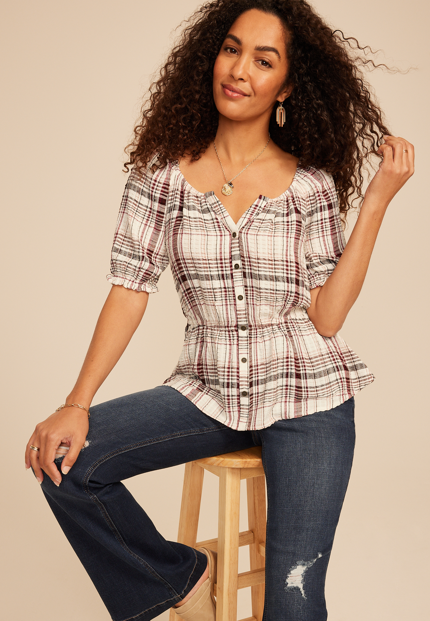 Plaid Button Front Peasant Blouse, MULTI, large