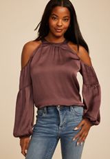 Halter Neck Cold Shoulder Blouse, PURPLE MOSS, small