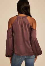 Halter Neck Cold Shoulder Blouse, PURPLE MOSS, small