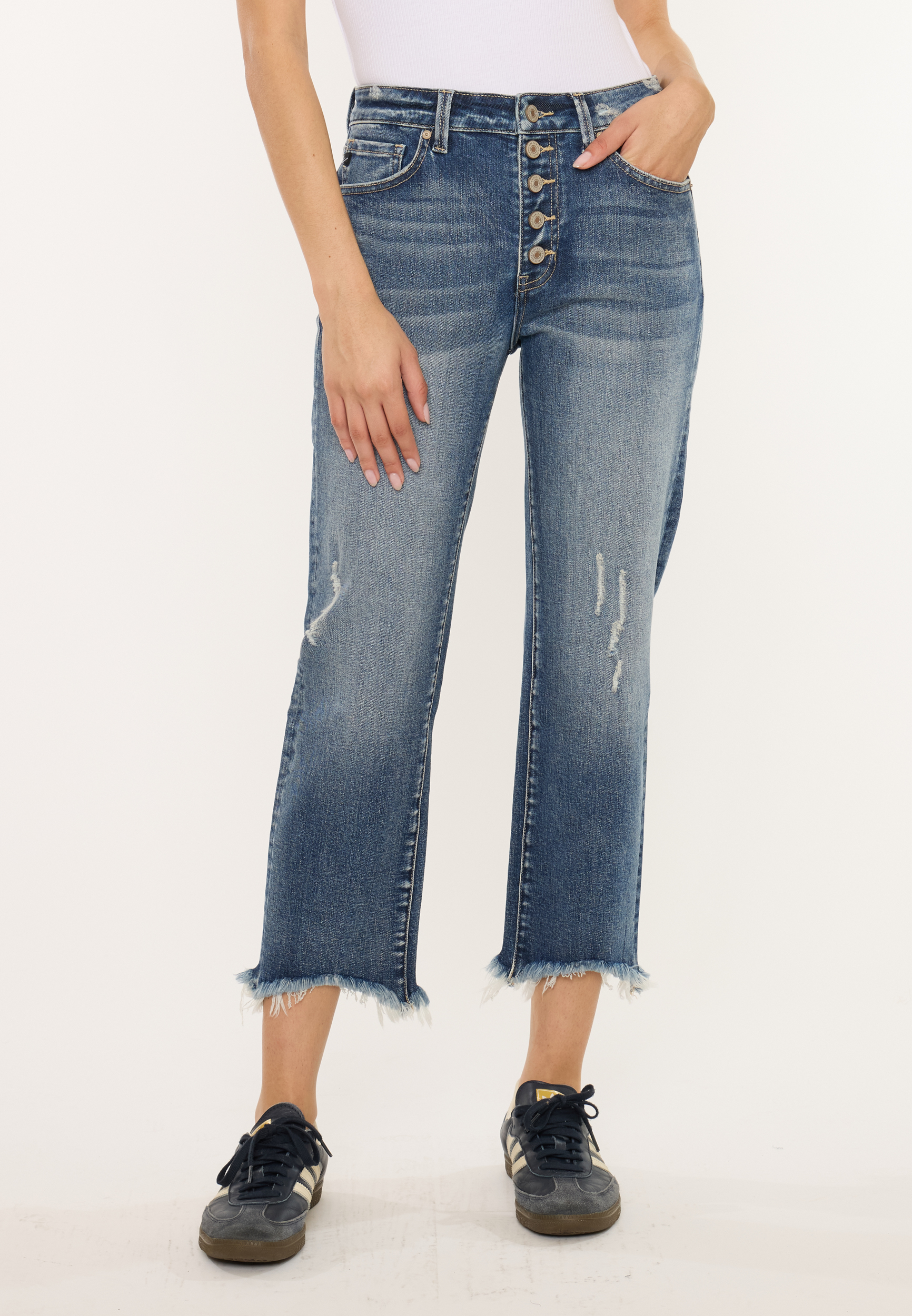 KanCan&trade; High Rise Fray Hem Button Fly Capri