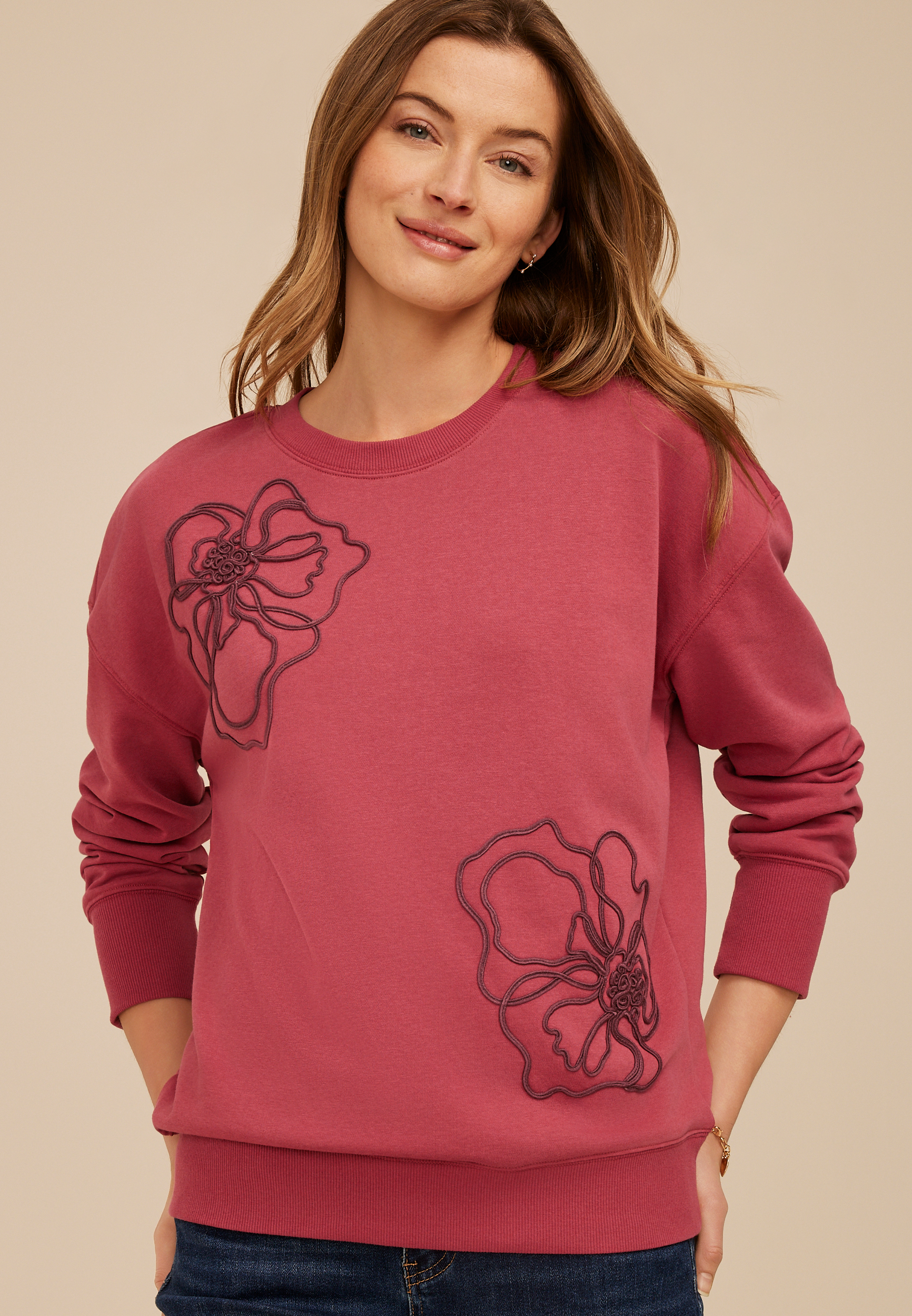 Soutache Floral Embroidered Crew Neck Sweatshirt