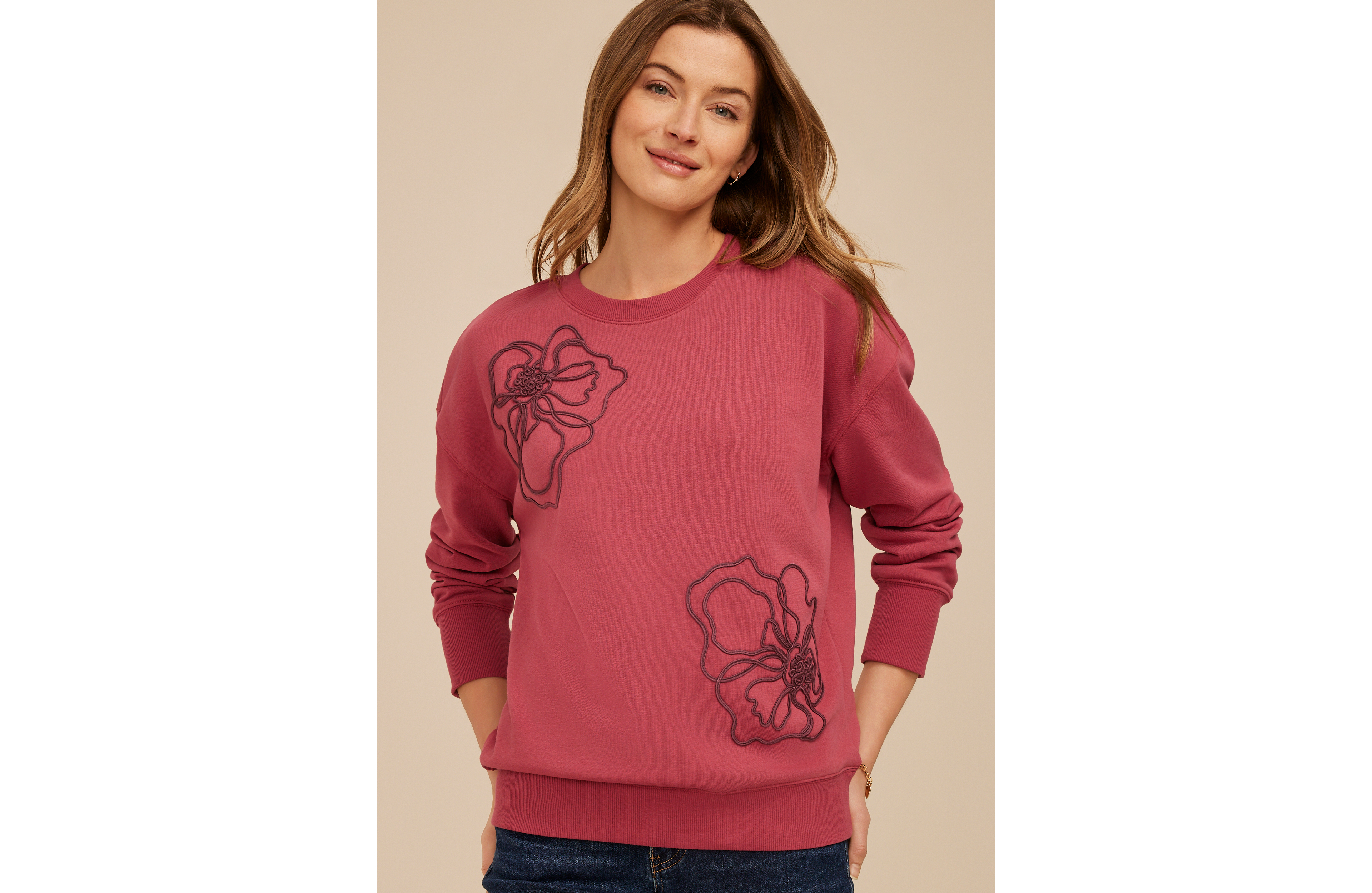 Soutache Floral Embroidered Crew Neck Sweatshirt