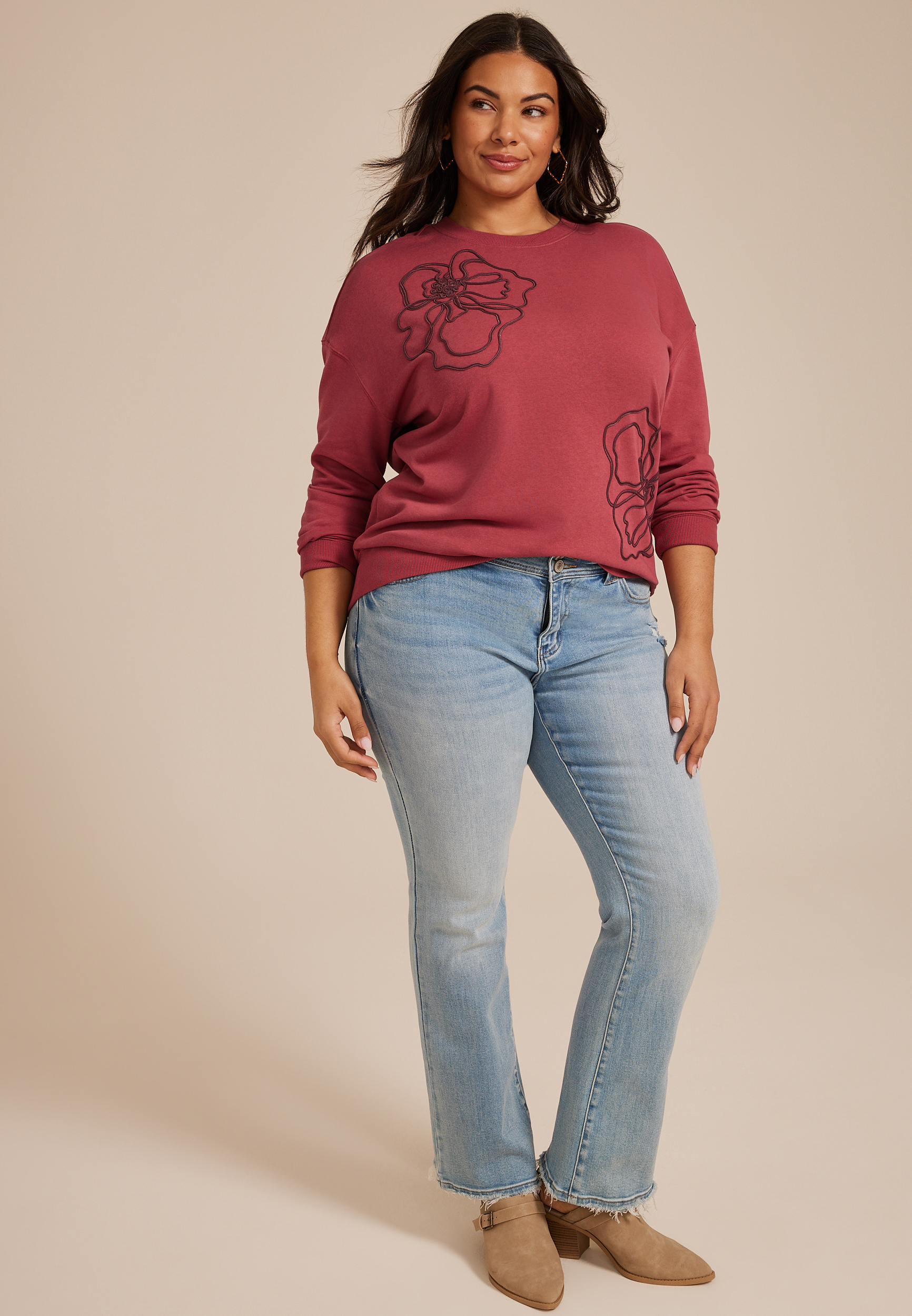 Plus Size Soutache Floral Embroidered Crew Neck Sweatshirt