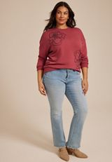 Plus Size Soutache Floral Embroidered Crew Neck Sweatshirt, C194, small