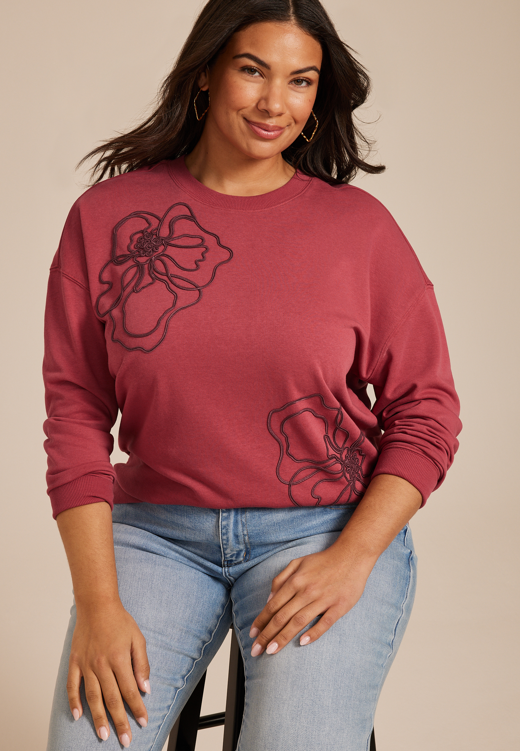 Plus Size Soutache Floral Embroidered Crew Neck Sweatshirt, C194, large