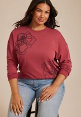 Plus Size Soutache Floral Embroidered Crew Neck Sweatshirt, C194, small