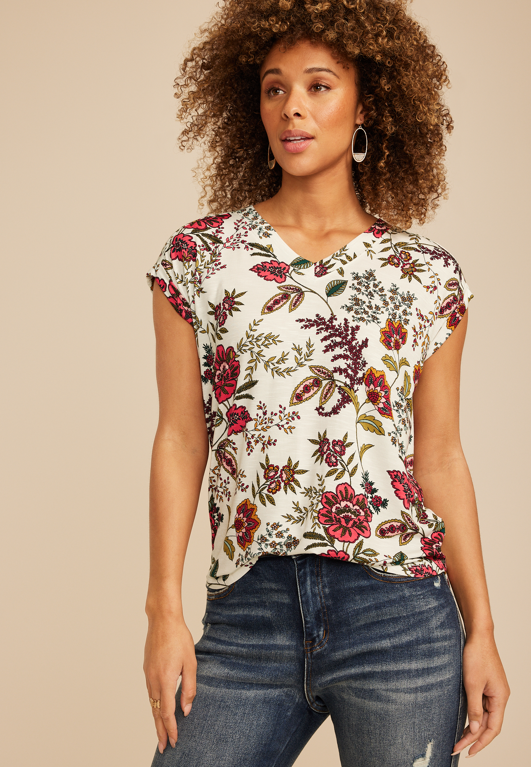 24/7 Berkley Floral V Neck Short Sleeve Tee
