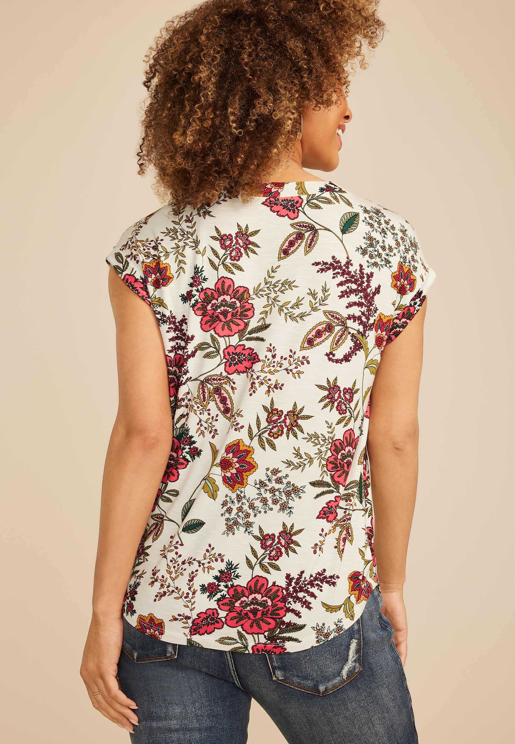 24/7 Berkley Floral V Neck Short Sleeve Tee, C1524, large