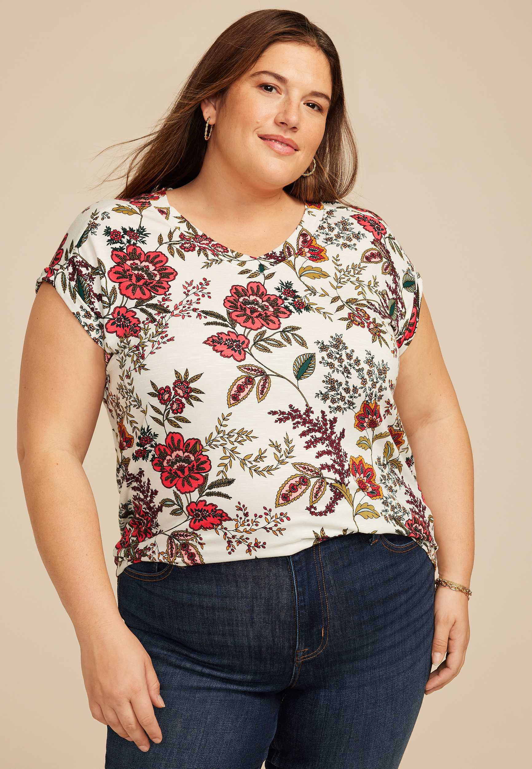 Plus Size 24/7 Berkley Floral V Neck Short Sleeve Tee