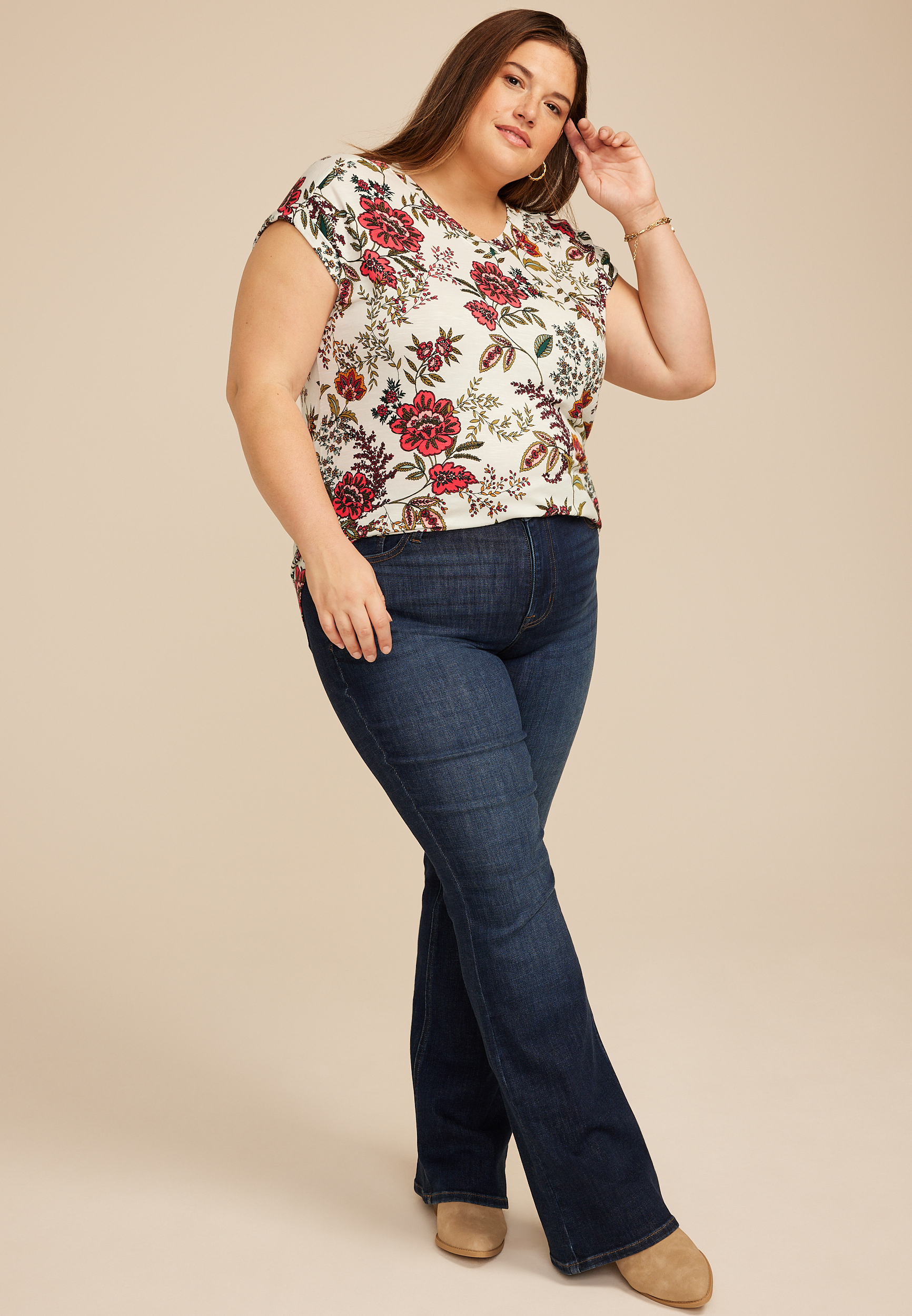 Plus Size 24/7 Berkley Floral V Neck Short Sleeve Tee, C1524, large