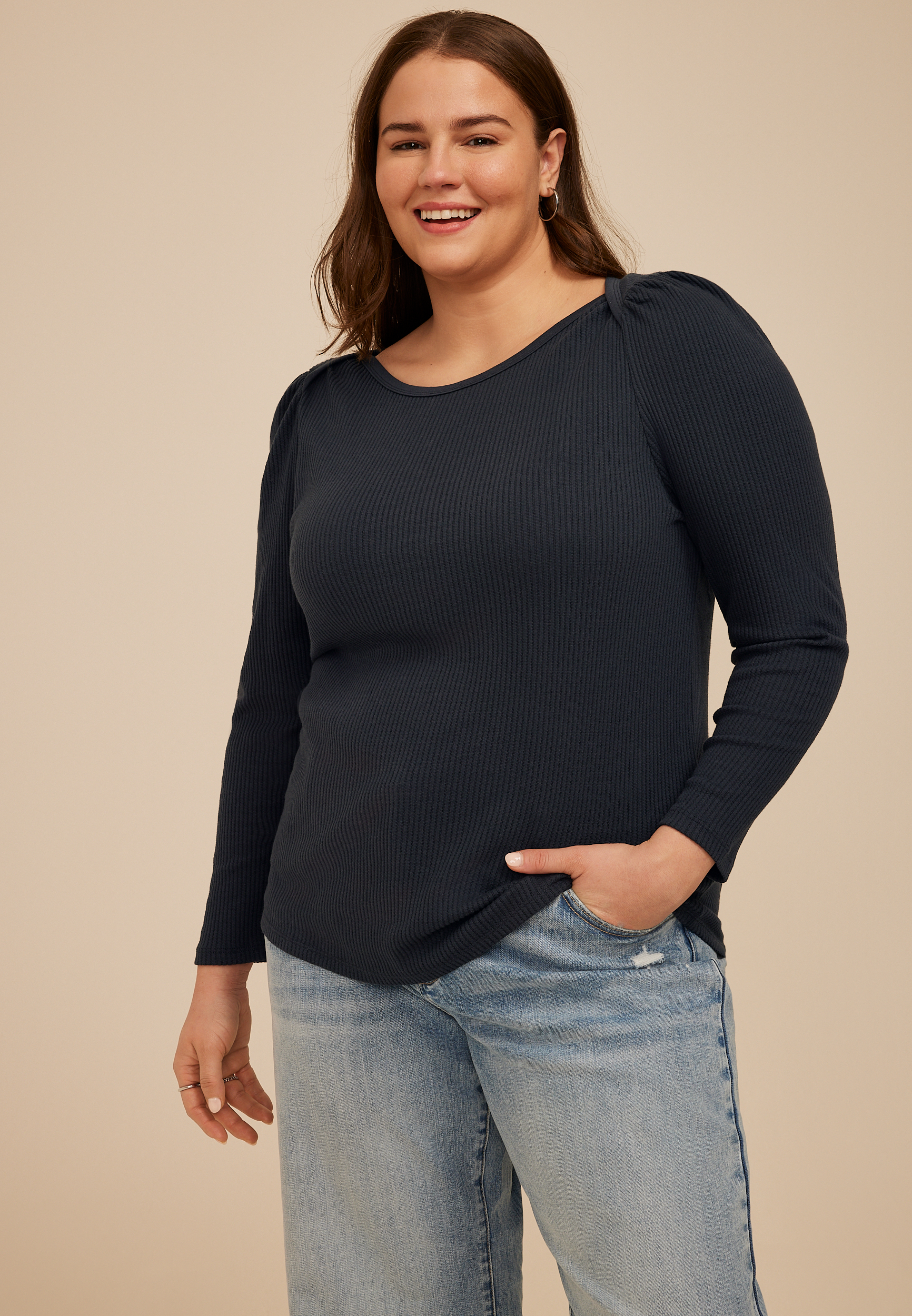 Plus Size Ribbed Envelope Neck Long Sleeve Tee