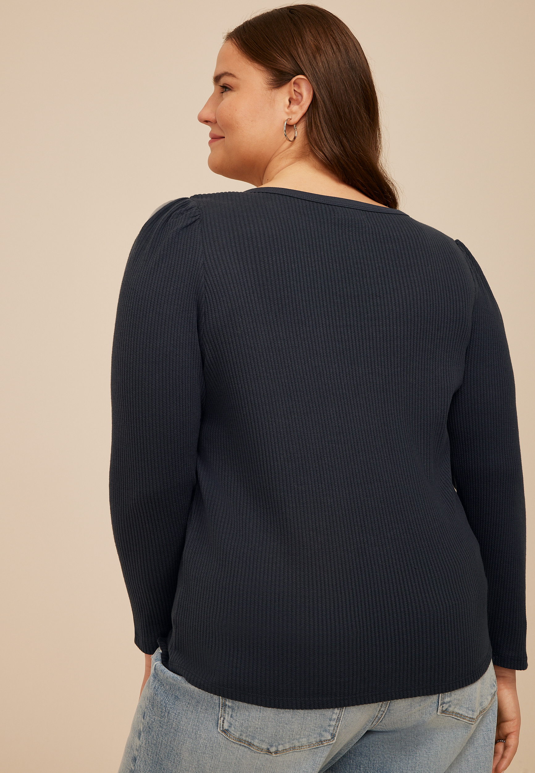 Plus Size Ribbed Envelope Neck Long Sleeve Tee - thumbnail 5