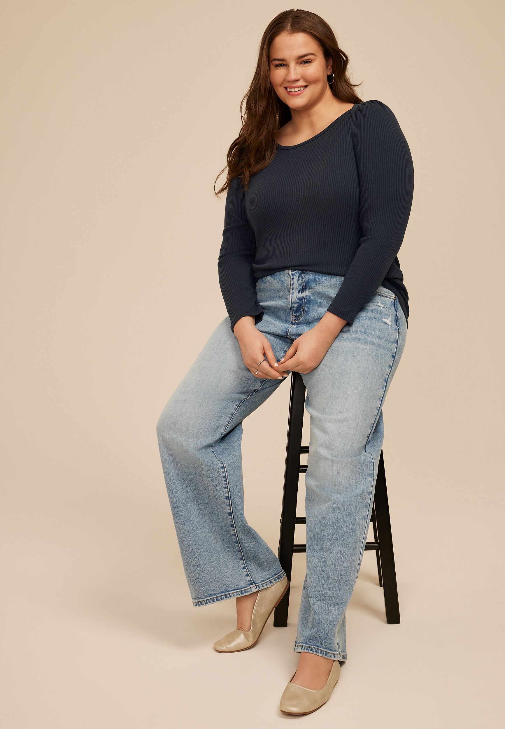 Plus Size Ribbed Envelope Neck Long Sleeve Tee - thumbnail 6