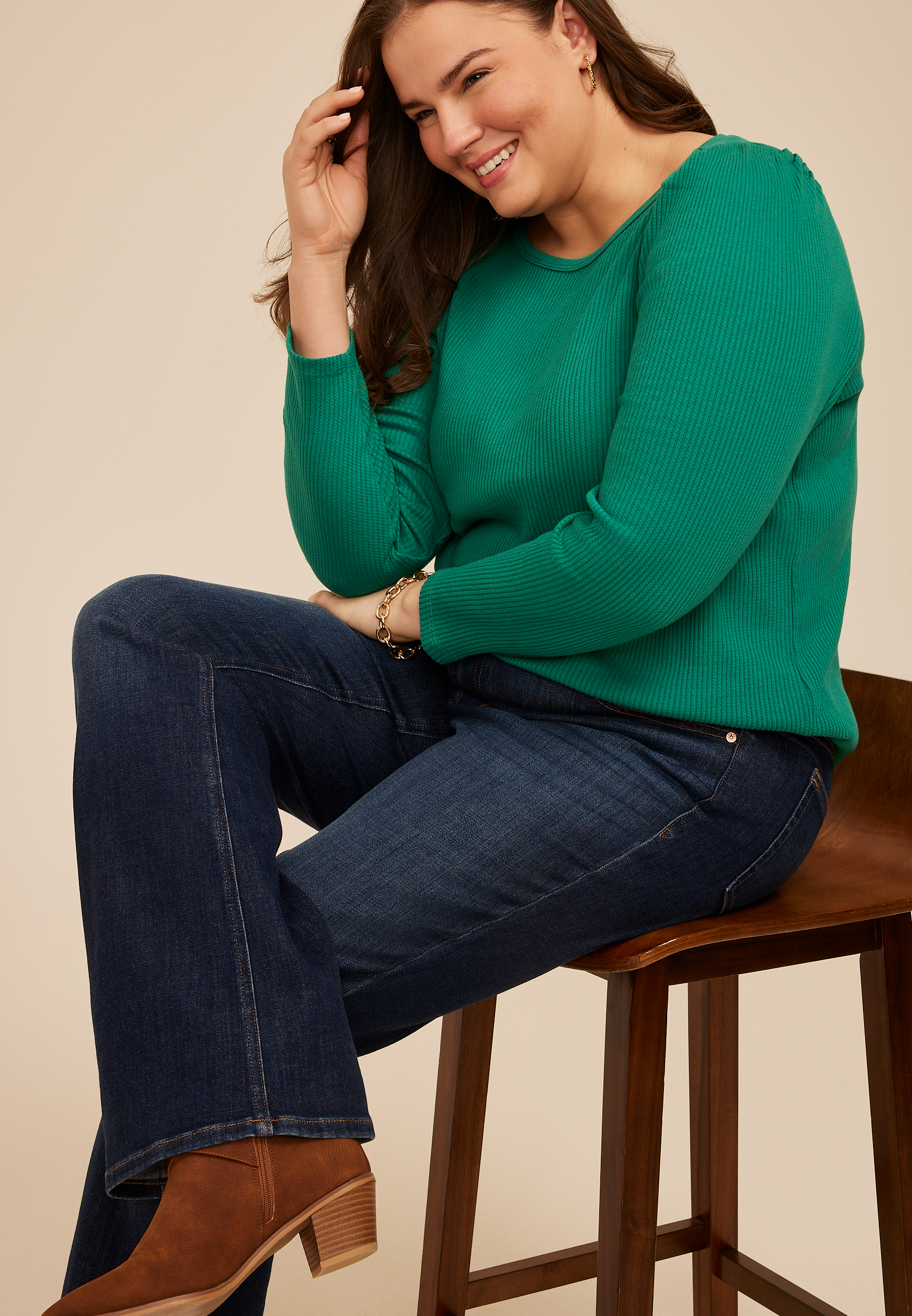 Plus Size Ribbed Envelope Neck Long Sleeve Tee