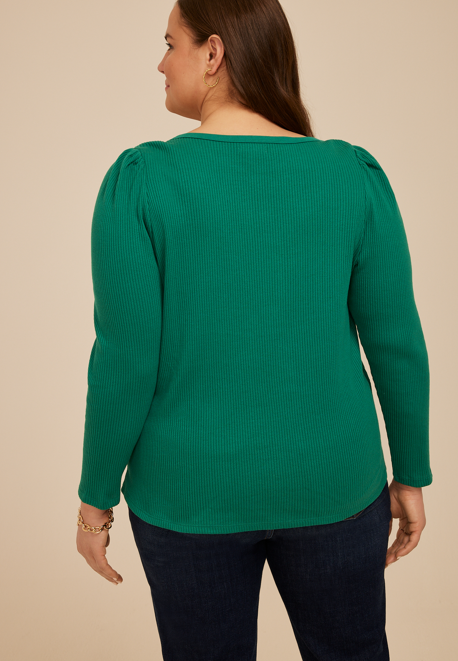 Plus Size Ribbed Envelope Neck Long Sleeve Tee, SHADY GLADE, large