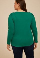 Plus Size Ribbed Envelope Neck Long Sleeve Tee, SHADY GLADE, small