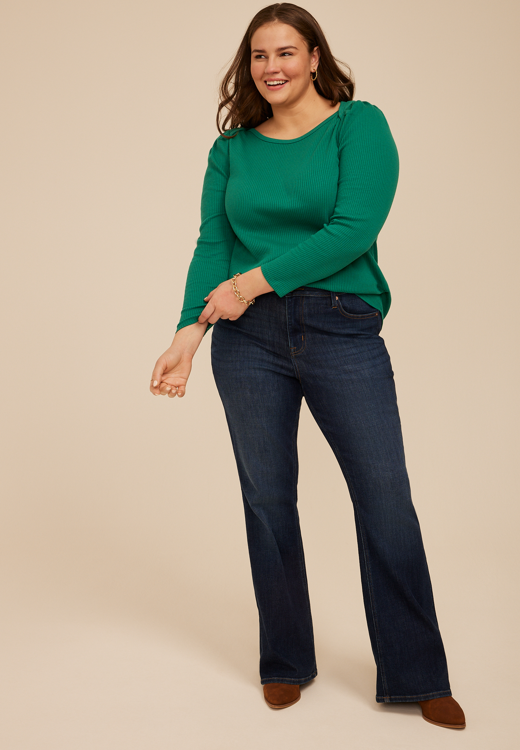 Plus Size Ribbed Envelope Neck Long Sleeve Tee, SHADY GLADE, large