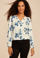 Floral Pleated V Neck Button Front Blouse, C1524, small