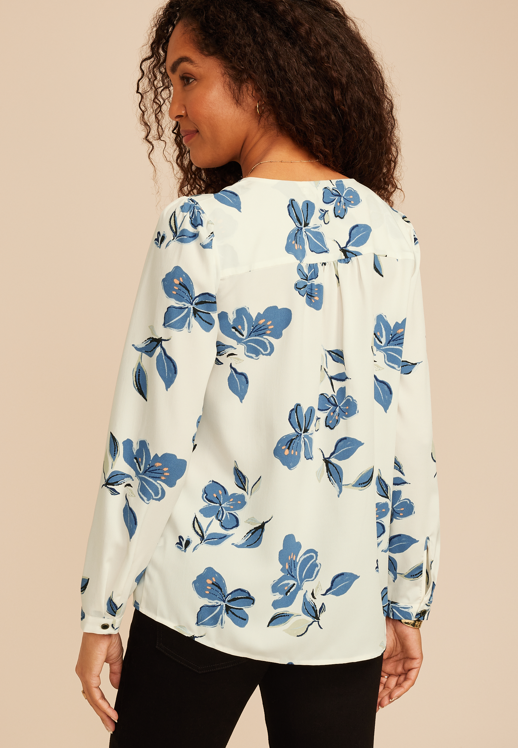 Floral Pleated V Neck Button Front Blouse, C1524, large