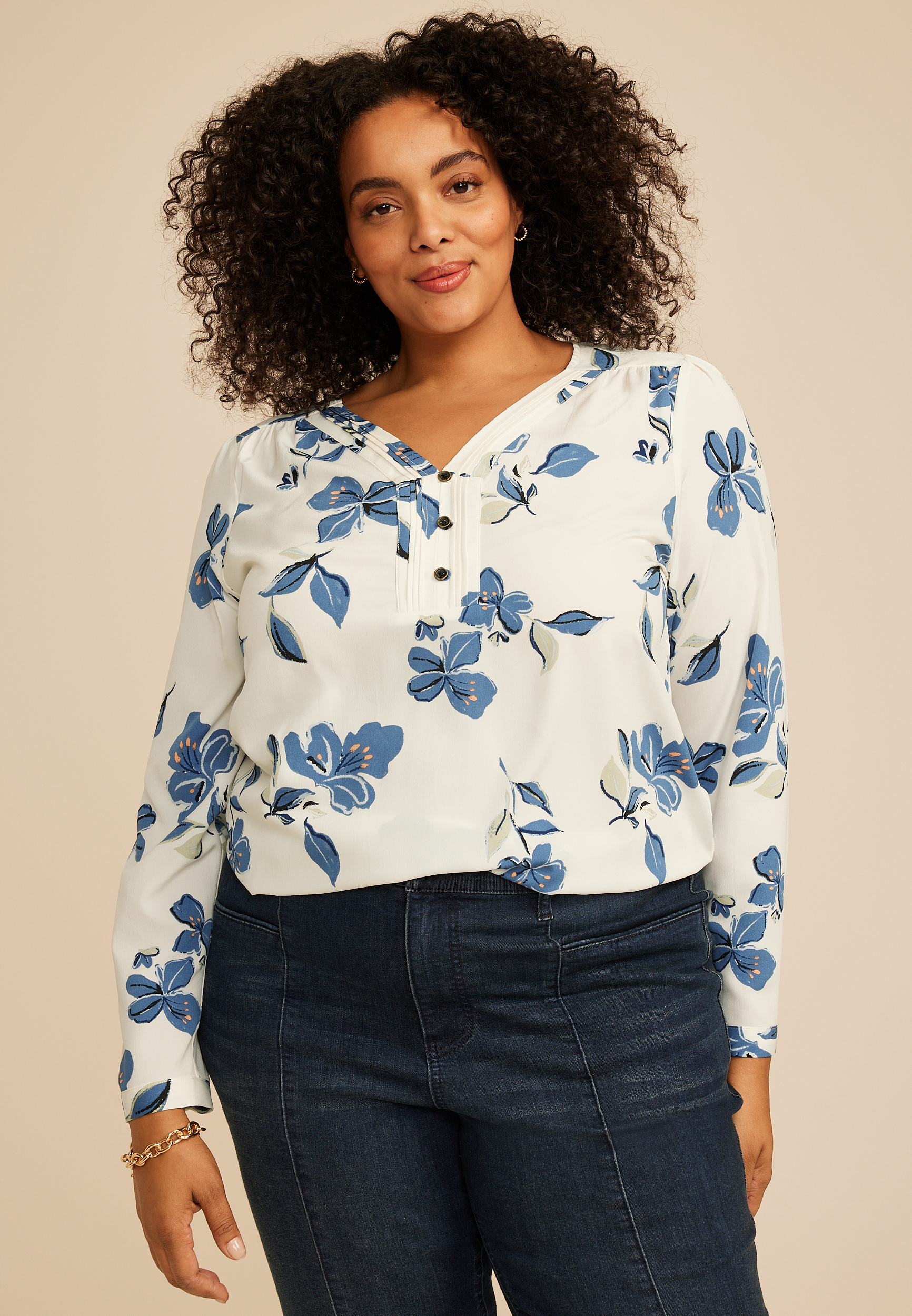 Plus Size Floral Pleated V Neck Button Front Blouse